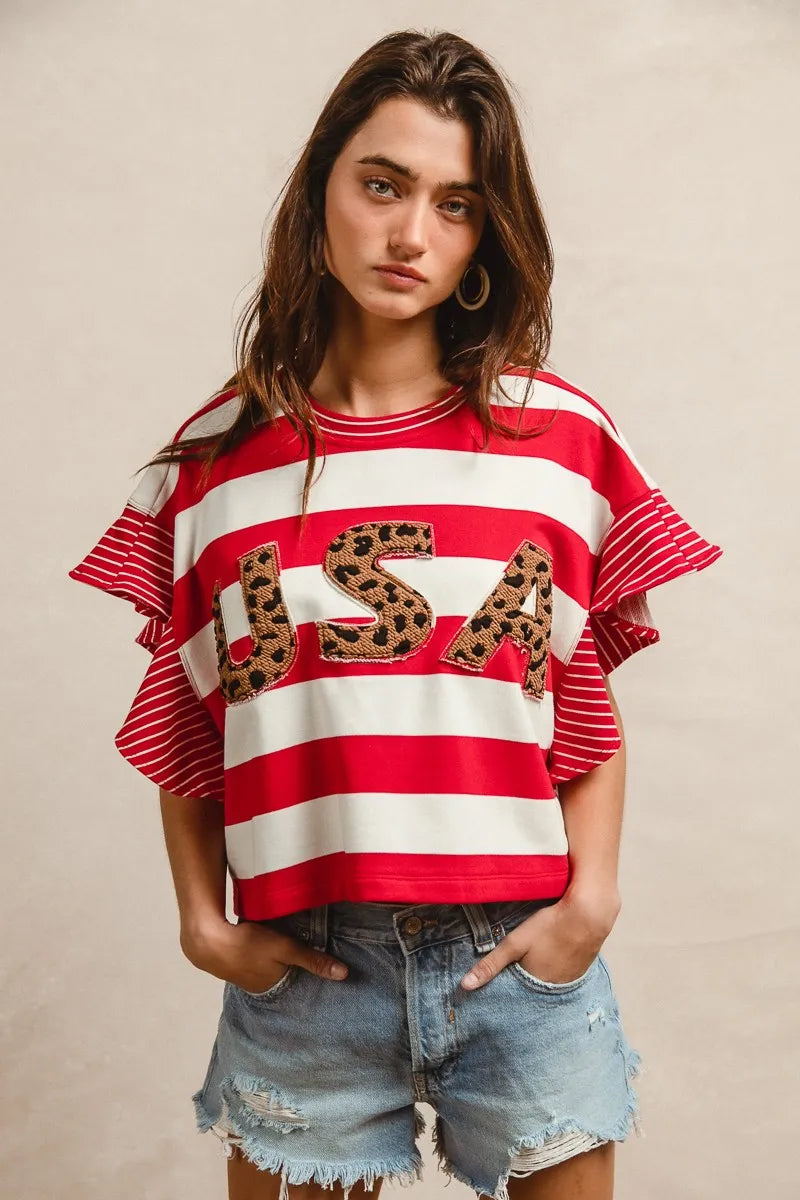 Image of BiBi Stripe Mixed Ruffle Sleeve Top With Leopard Letter | Queeble.shop