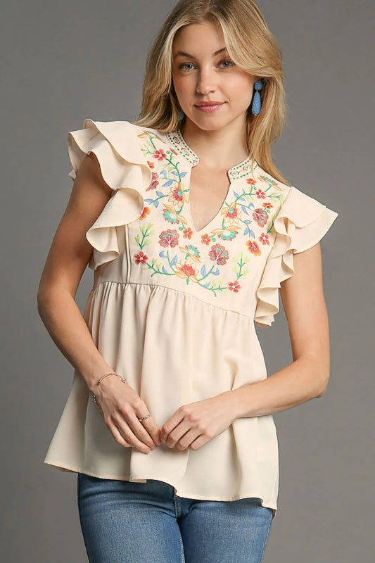 Image of Umgee Full Size Embroidery Notched Double Ruffle Sleeve Blouse Plus Size | Queeble.shop