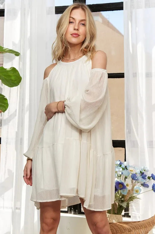 Image of ADORA Cold Shoulder Balloon Sleeve Mini Dress | Queeble.shop
