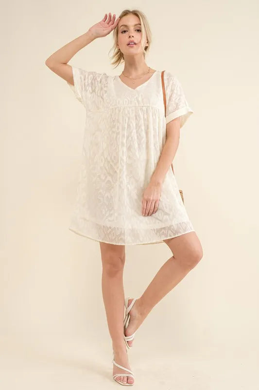 Image of And The Why Woven Leopard Baby Doll Roll-Sleeve Casual Dress | Queeble.shop