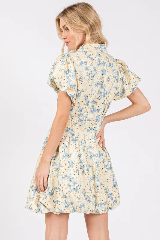 Image of GeeGee Floral Eyelet Zipper Front Puff Sleeve Mini Dress | Queeble.shop