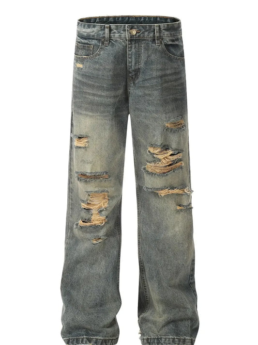 Image of Men's Distressed Washed Straight Jeans | Queeble.shop