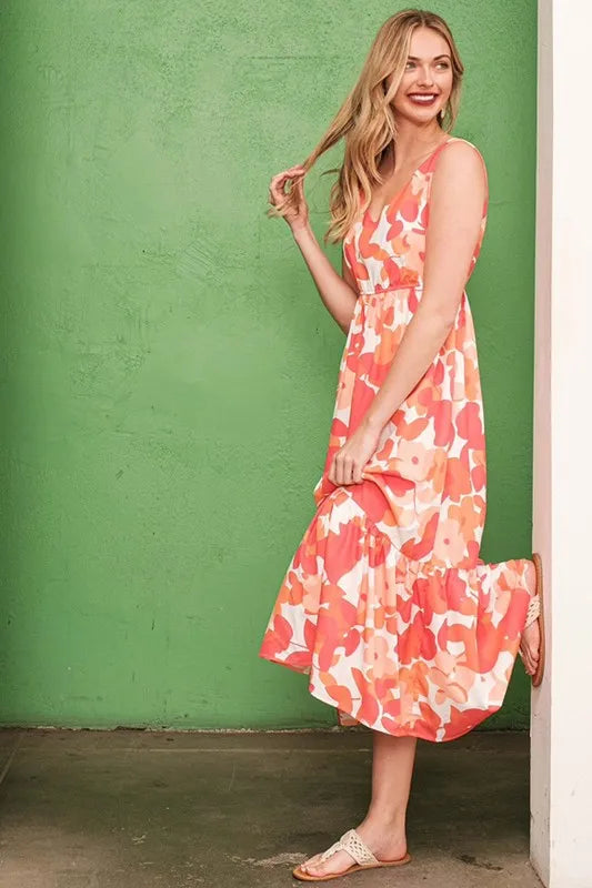 Image of Lime 'N' Chili Sleeveless Floral Print V-Neck Midi Dress | Queeble.shop