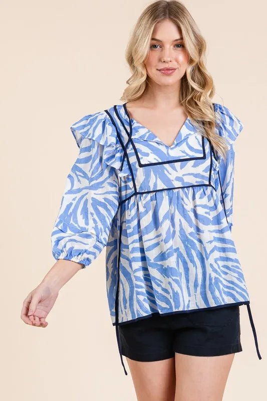 Image of Lime 'N' Chili Graphic Print Solid Trim Quarter Sleeve Blouse | Queeble.shop