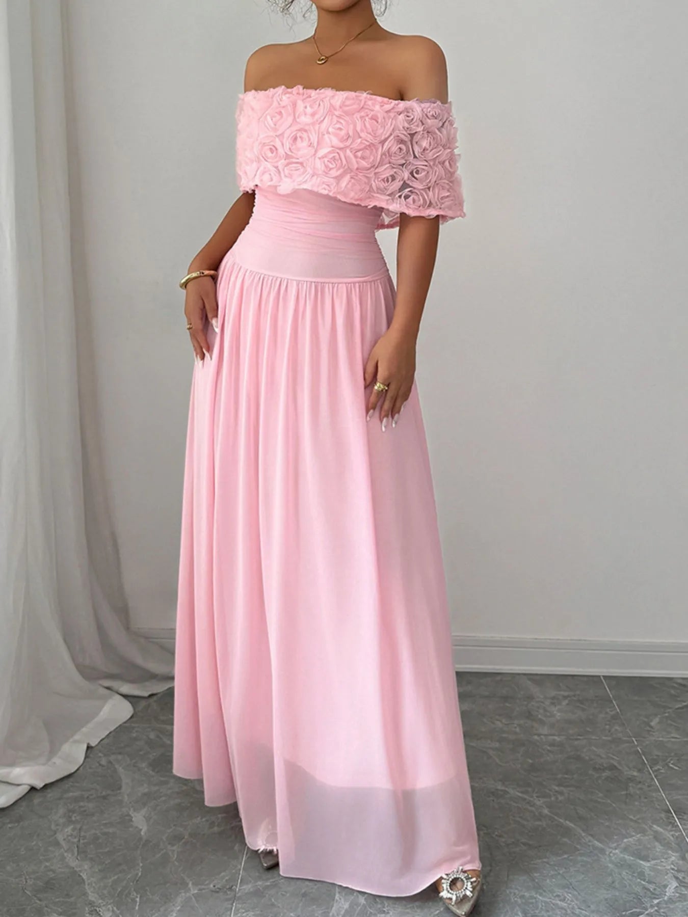 Image of Off-Shoulder Rose Embellished Maxi Dress | Queeble.shop
