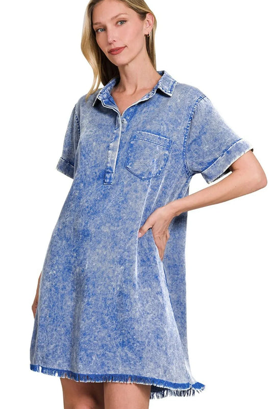 Image of Zenana Tencel Mineral Washed Collared Shirts Dress | Queeble.shop