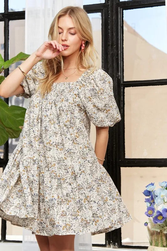 Image of ADORA Floral Square Neck Puff Sleeve Dress | Queeble.shop