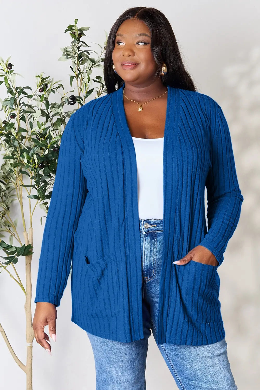 Image of Basic Bae Full Size Ribbed Open Front Cardigan with Pockets | Queeble.shop
