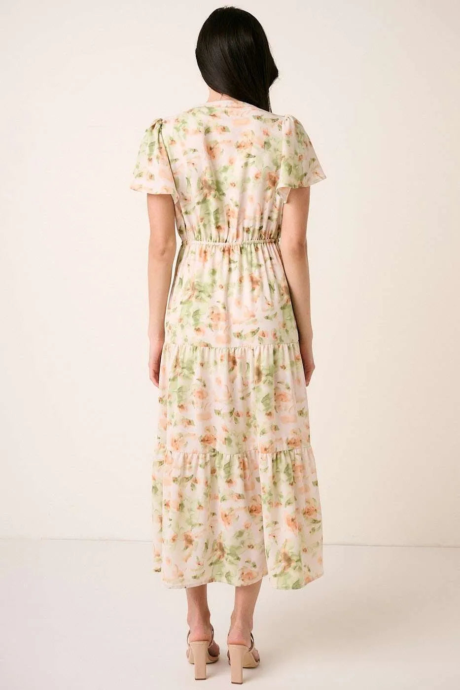 Image of Mittoshop Flower Print Flutter Sleeve V Slit Maxi Dress | Queeble.shop