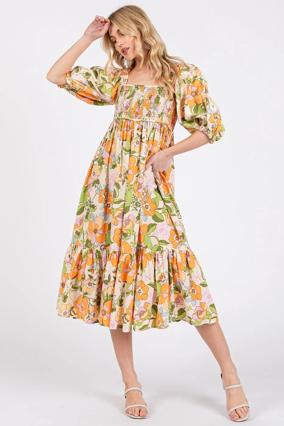 Image of Mittoshop Flower Print Puff Sleeve Ruffle Smocked Midi Dress | Queeble.shop