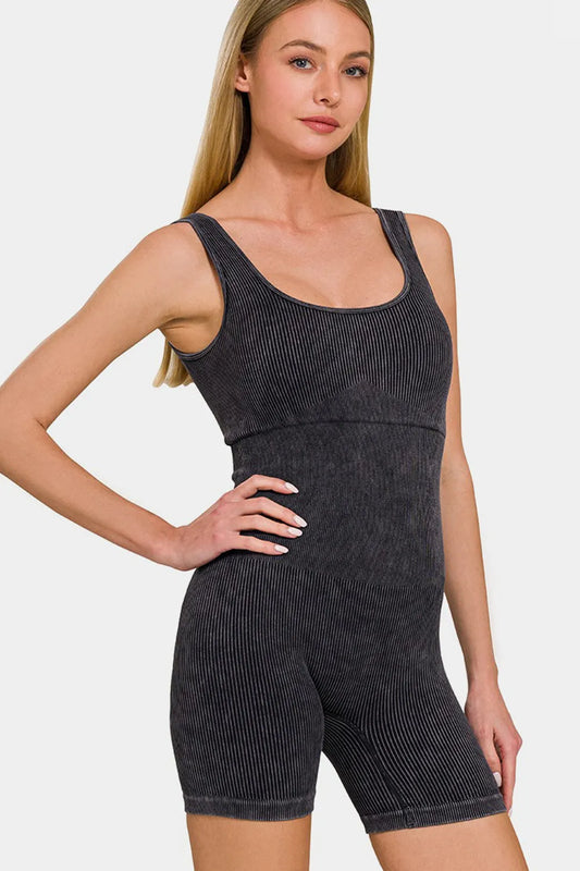Image of Zenana Washed Ribbed Romper with Pad | Queeble.shop