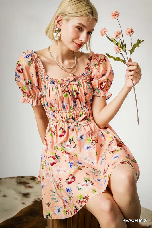 Image of Umgee Floral Print Puff Sleeve Mini Dress | Queeble.shop