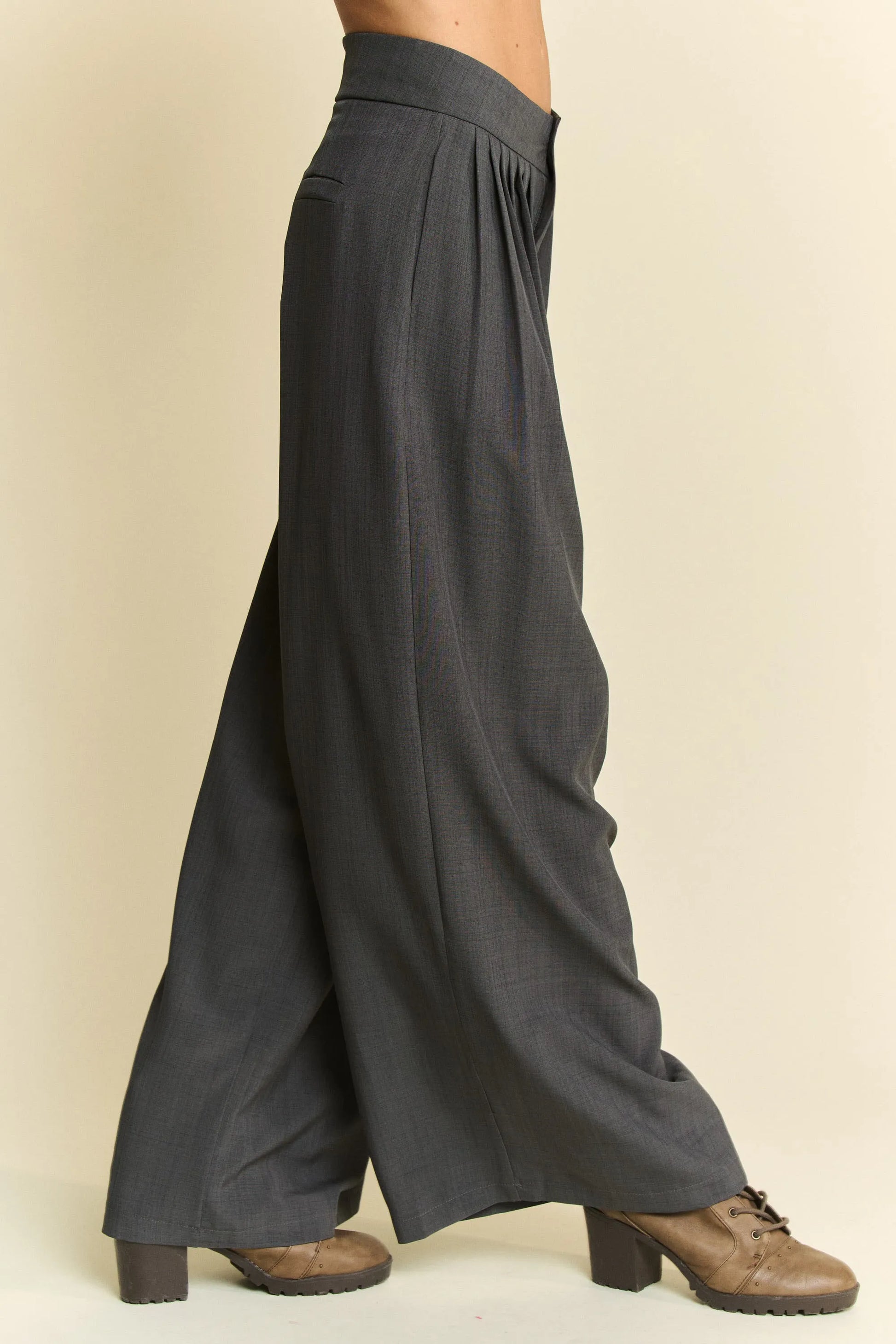 Image of Davi & Dani Solid Back Pocket Shirring Detail Wide Leg Pants | Queeble.shop