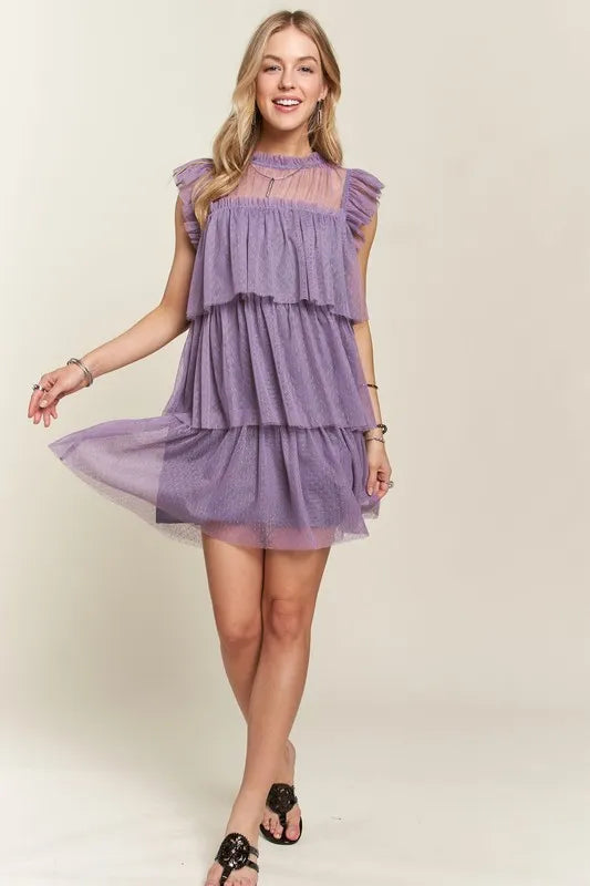 Image of ADORA Layered Ruffled Cap Sleeve Mesh Dress | Queeble.shop