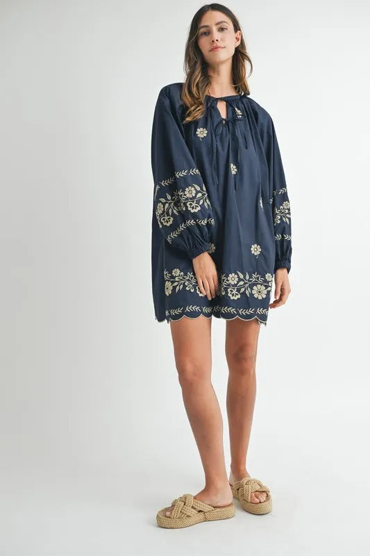 Image of MABLE Embroidered Long Sleeve Peasant Mini Dress | Queeble.shop