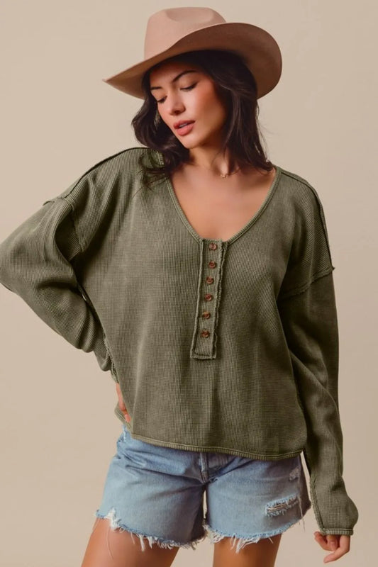 Image of SO ME Frayed Cut Mineral Washed Deep V Neck Waffle Top | Queeble.shop