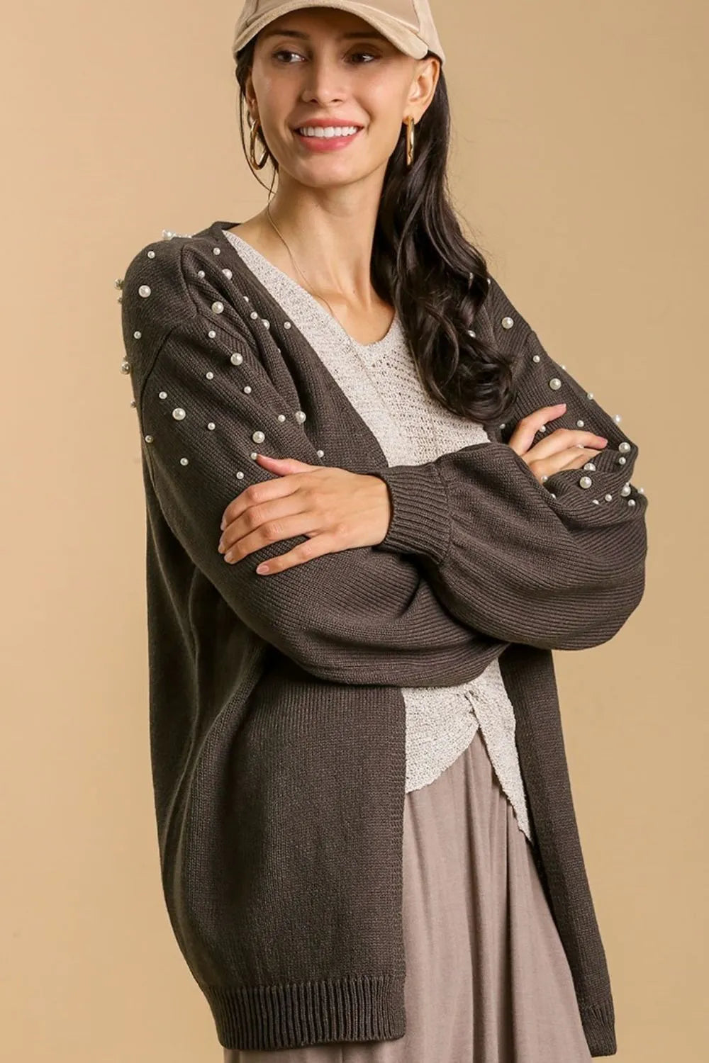 Image of Umgee Full Size Open Front Cardigan with Long Sleeve Pearl Details Plus Size | Queeble.shop