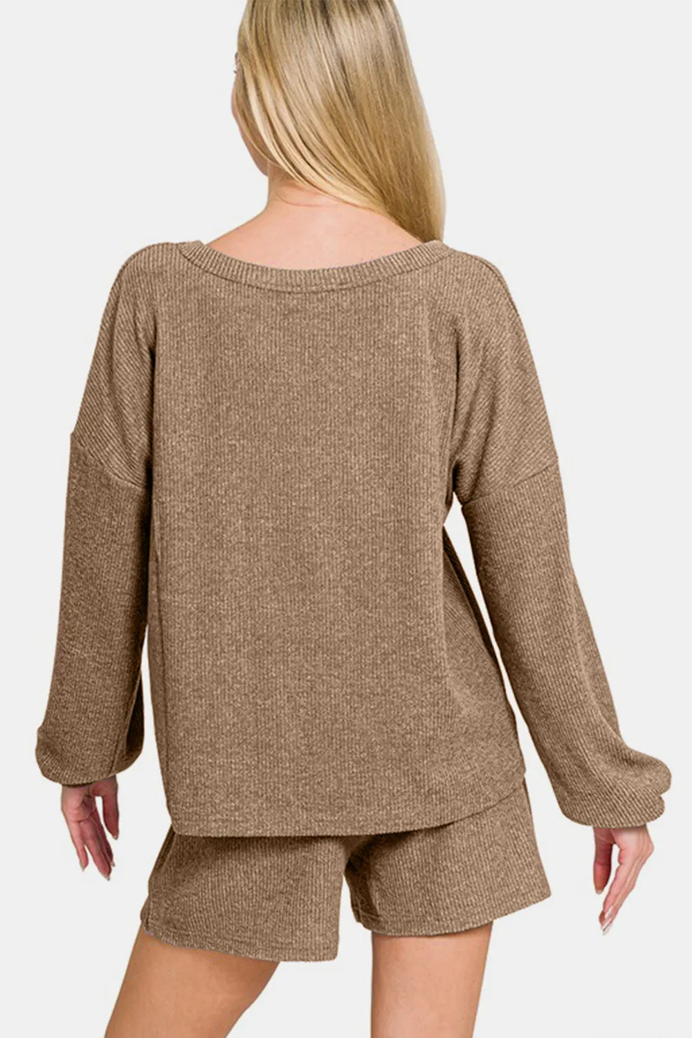 Image of Zenana V-Neck Long Sleeve Ribbed Top and Shorts Set | Queeble.shop