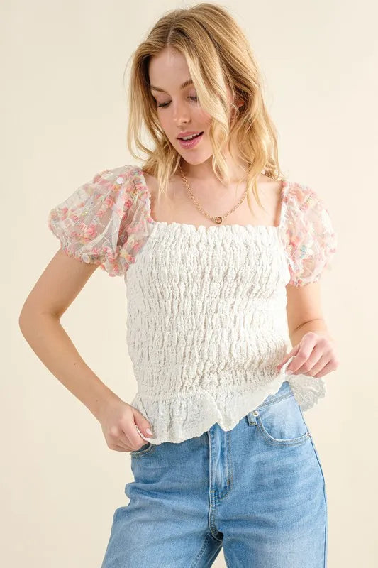 Image of And The Why Embellishment Sleeve Smocked Top | Queeble.shop