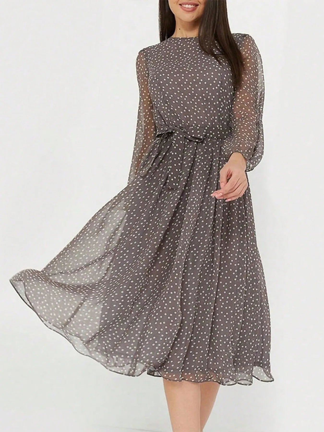 Image of Printed Round Neck Long Sleeve Midi Dress | Queeble.shop