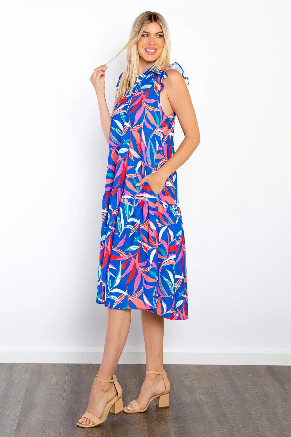 Image of Be Stage Print Ruffled Midi Dress with Pockets | Queeble.shop