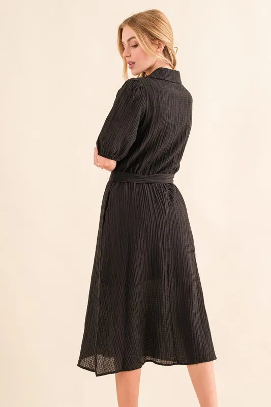 Image of And The Why Waffle Textured Ribbon Waist Midi Dress | Queeble.shop