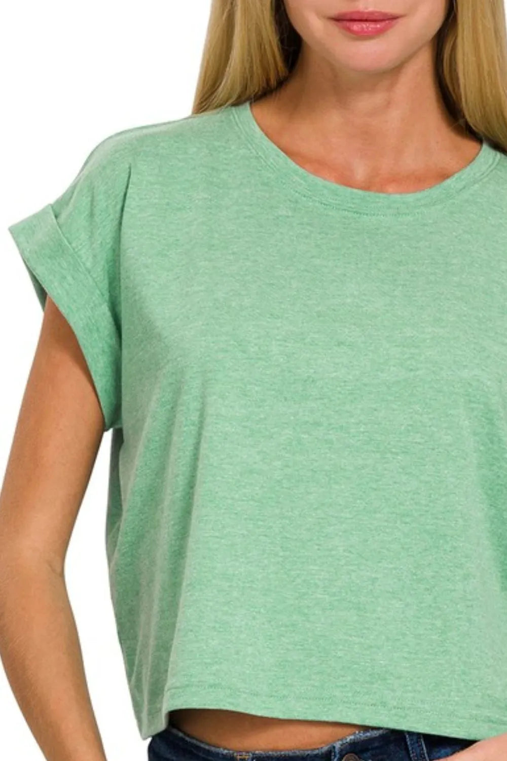 Image of Zenana Rolled Sleeve Crop T-Shirt | Queeble.shop