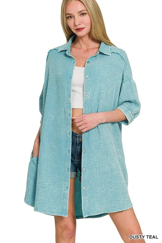 Image of Zenana Washed Double Gauze Button Down Shirt Dress | Queeble.shop