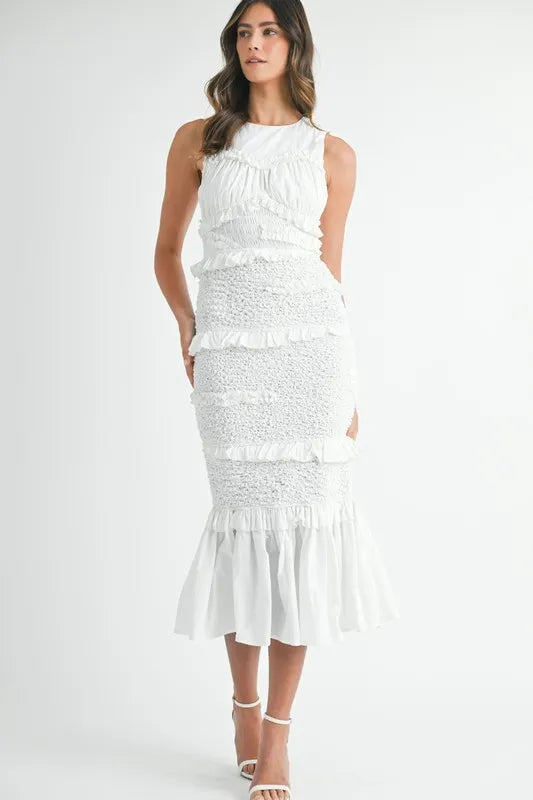 Image of MABLE Ruffled Popcorn Smocked Mermaid Midi Dress | Queeble.shop