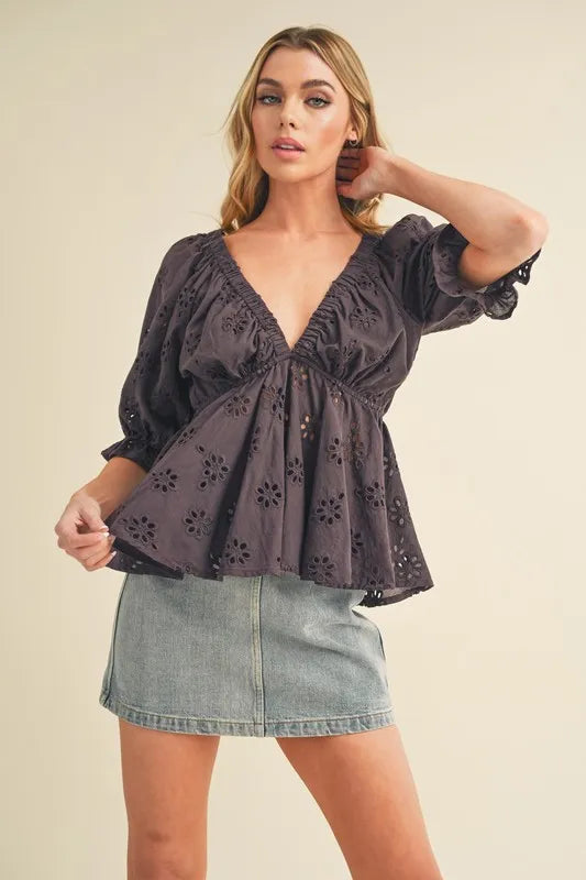 Image of Aemi + Co Eyelet Embroidered V-Neck Half Sleeve Peplum Blouse | Queeble.shop