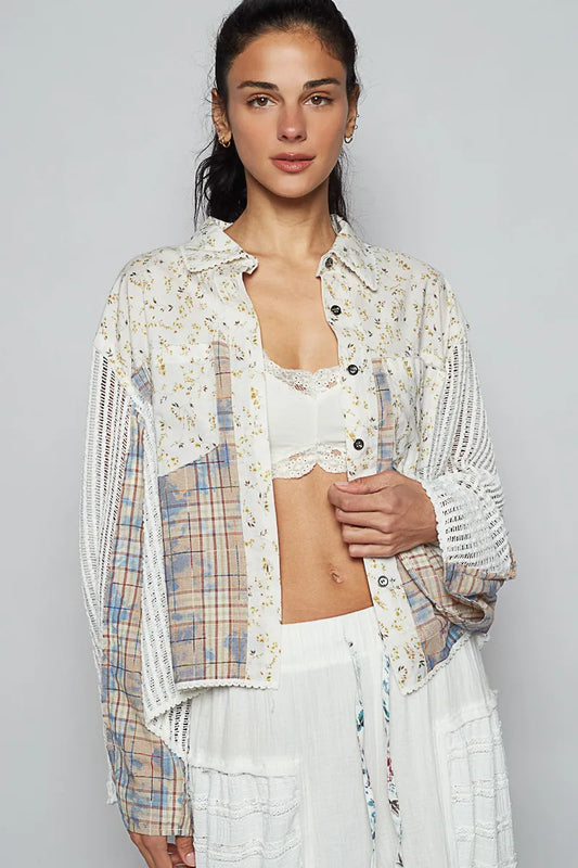 Image of POL Floral Slit Back Plaid Patchwork Shirt | Queeble.shop