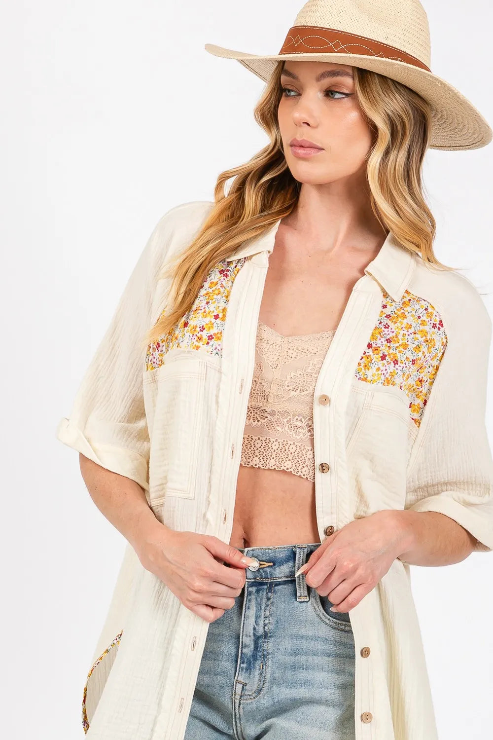 Image of SAGE + FIG Full Size Floral Detail Button Up Short Sleeve Shirt | Queeble.shop