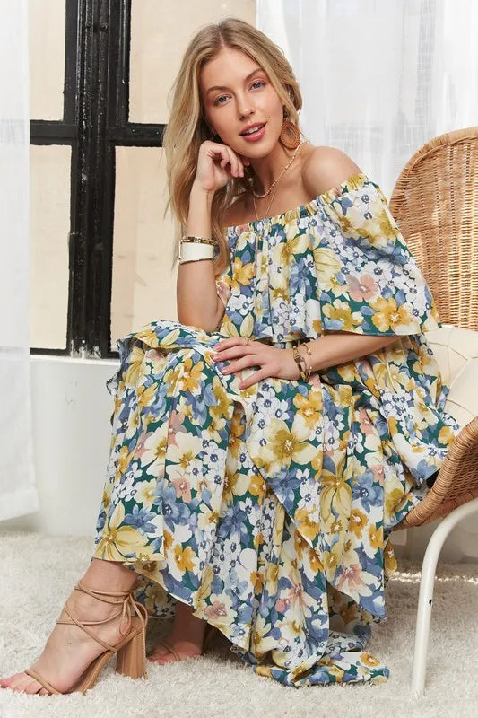 Image of ADORA Layered Floral Off-Shoulder Short Sleeve Maxi Dress | Queeble.shop