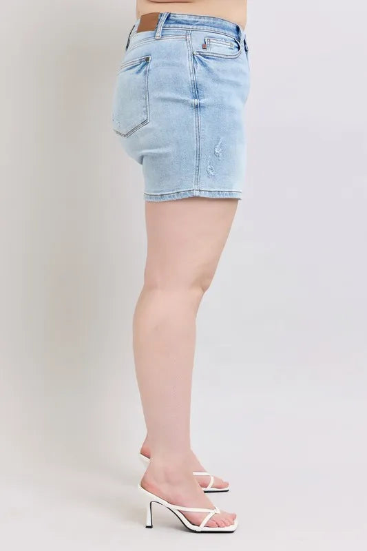 Image of Judy Blue Full Size Mid Rise Washed Denim Shorts Plus Size | Queeble.shop