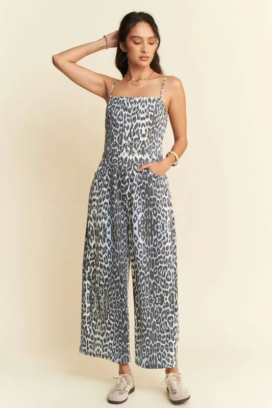 Image of Davi & Dani Leopard Spaghetti Straps Wide Leg Jumpsuit | Queeble.shop