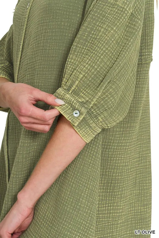 Image of Zenana Washed Double Gauze Button Down Shirt Dress | Queeble.shop
