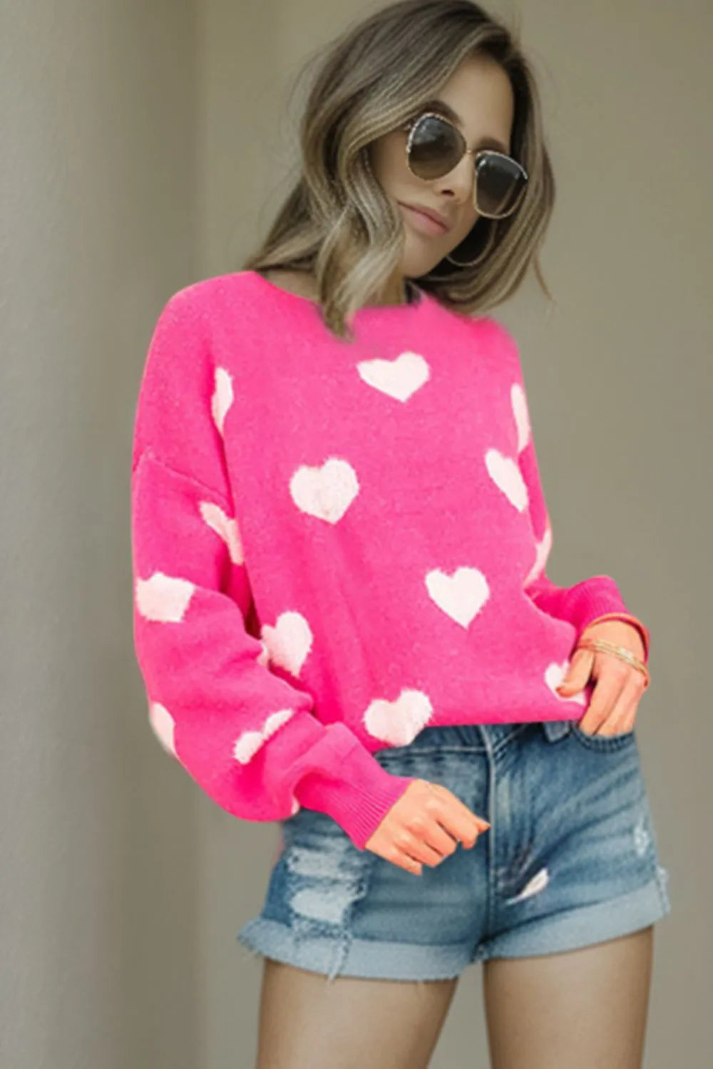 Image of Heart Round Neck Dropped Shoulder Sweater | Queeble.shop