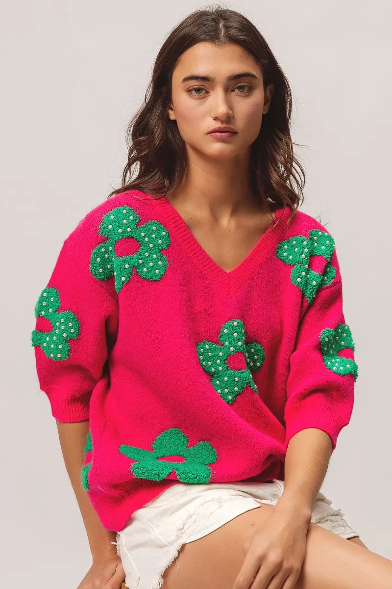 Image of BiBi Pearl Beads Flowers Sweater Top | Queeble.shop