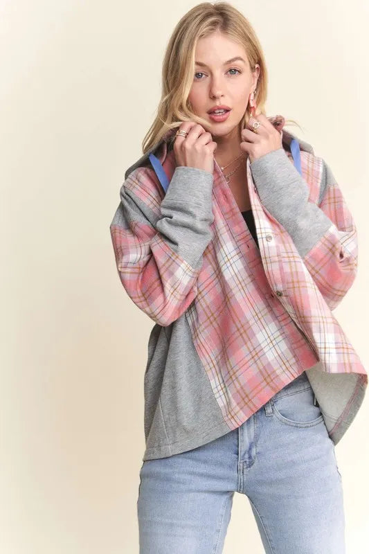 Image of ADORA Button Down Plaid Hoodie Shacket | Queeble.shop