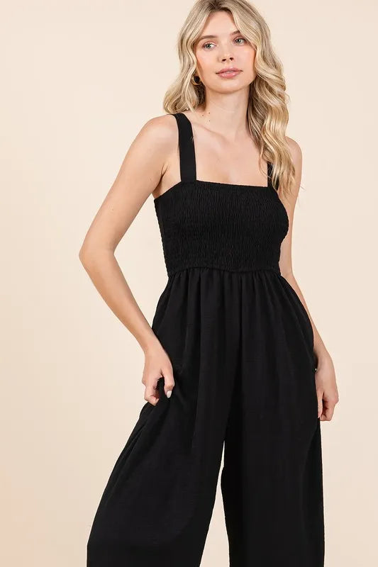Image of Mittoshop Smocked Wide Strap Wide Leg Overalls | Queeble.shop
