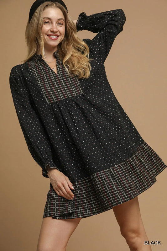 Image of Umgee Polka Dot Plaid Trim Babydoll Dress | Queeble.shop