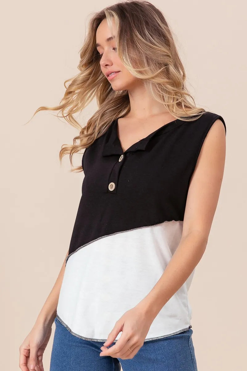 Image of BiBi Color Block Contrast Stitching Buttoned Henley Top | Queeble.shop