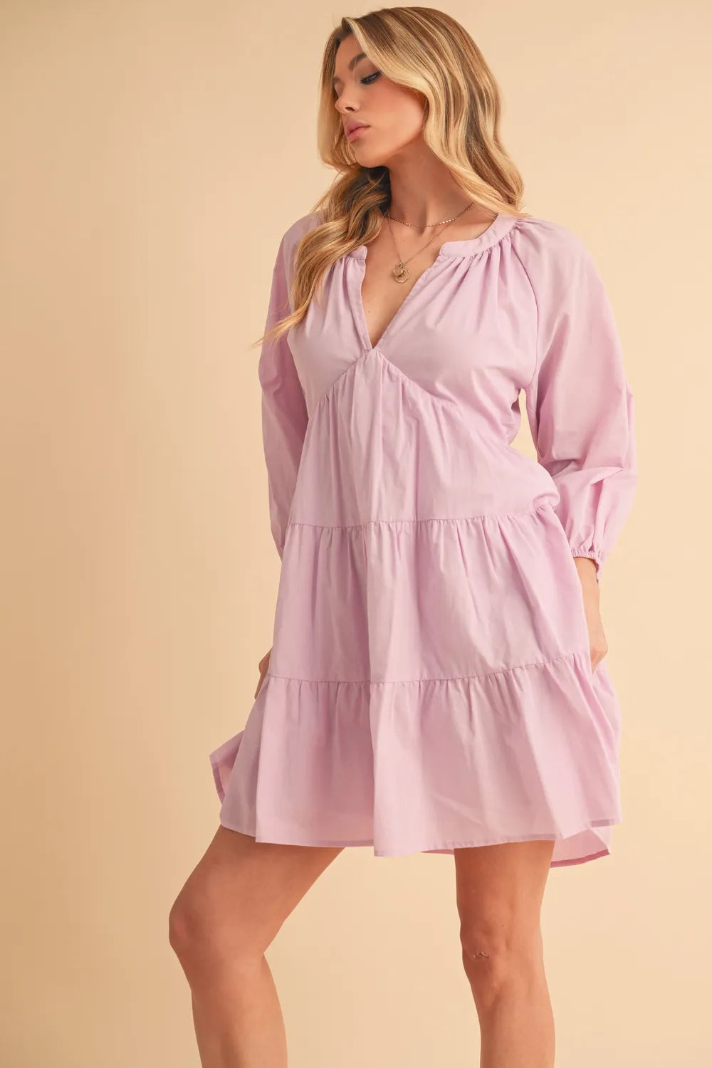 Image of Aemi + Co Notched Balloon Sleeve Tiered Mini Dress | Queeble.shop