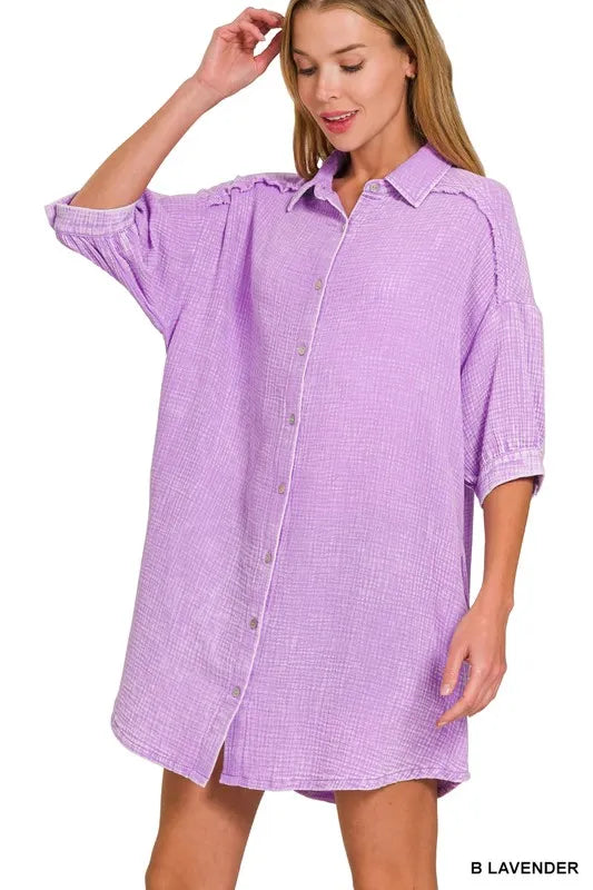 Image of Zenana Washed Double Gauze Button Down Shirt Dress | Queeble.shop
