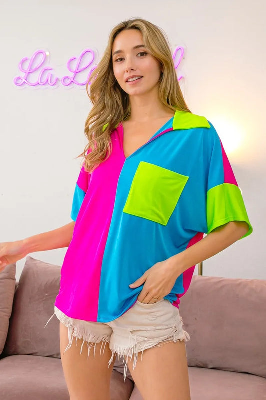 Image of BiBi Slinky Knit Color Block V Neck Front Top | Queeble.shop