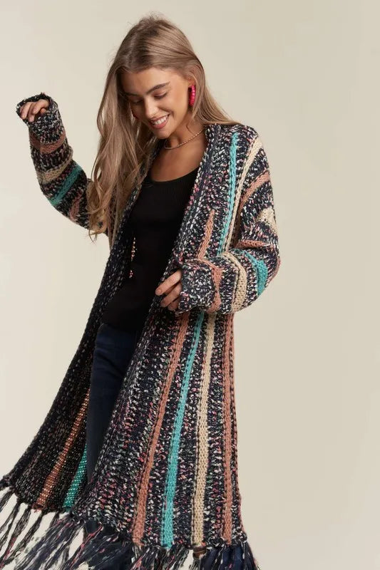 Image of ADORA Multi Colour Sweater Long Cardigan with Fringes | Queeble.shop