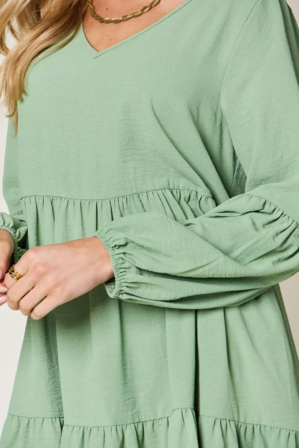 Image of Double Take Full Size V-Neck Balloon Sleeve Tiered Dress with Pockets | Queeble.shop