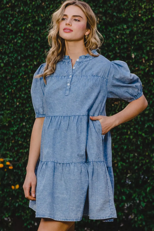 Image of ODDI Washed Tiered Mini Denim Dress | Queeble.shop
