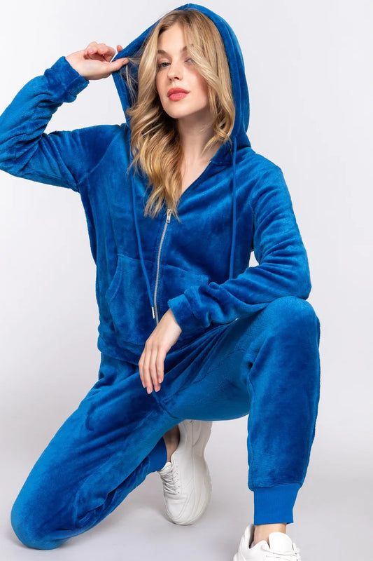 Image of ACTIVE BASIC Faux Fur Zip Up Long Sleeve Hoodie and Joggers Set | Queeble.shop