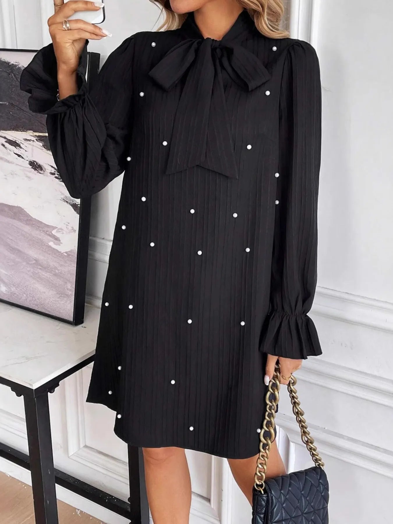 Image of Pearl Embellished Bow Tie Flounce Sleeve Dress | Queeble.shop